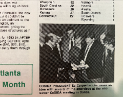 From the 1993 CoSIDA Digest (a former monthly publication): Bill Powers (center) with CoSIDA President Ed Carpenter (left) and others at the CoSIDA midwinter meeting in Dallas.